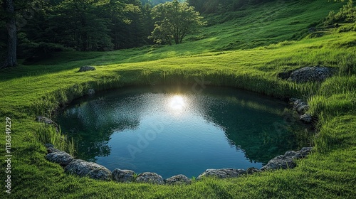 A tranquil circular pond in a verdant highland setting with bright green grass surrounding it.