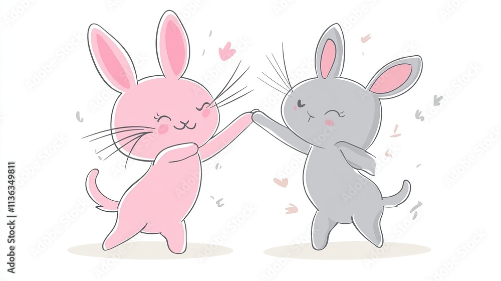Obraz premium Dancing Duo Delight: A Gray Rabbit and Pink Cat's Playful Rhythm