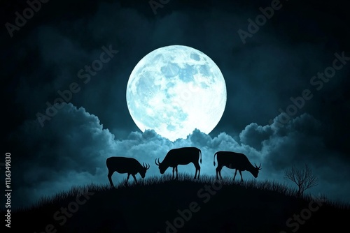 A haunting depiction of cattle and ewes in a shadowy pasture, with moonlight breaking through dark clouds and highlighting their silhouettes