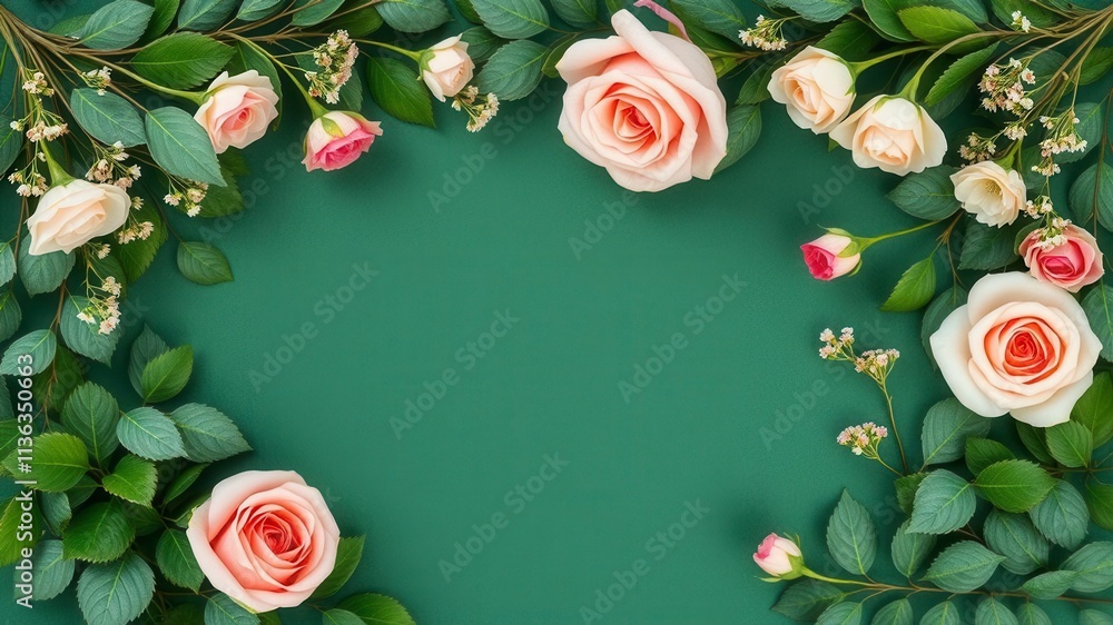 Rose flower and green leaves arranged in a circular frame, ideal for wedding invitations or floral designs, pink, delicate Rose flower and green leaves arranged in a circular frame, ideal for wedding invitations or floral designs, pink, delicate