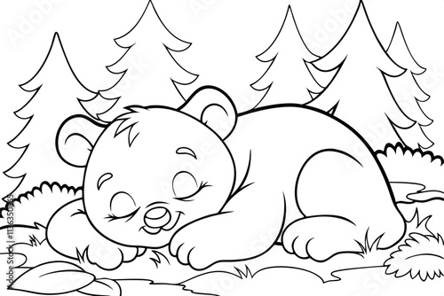 Adorable Sleeping Bear Cub in a Pine Forest Coloring Page