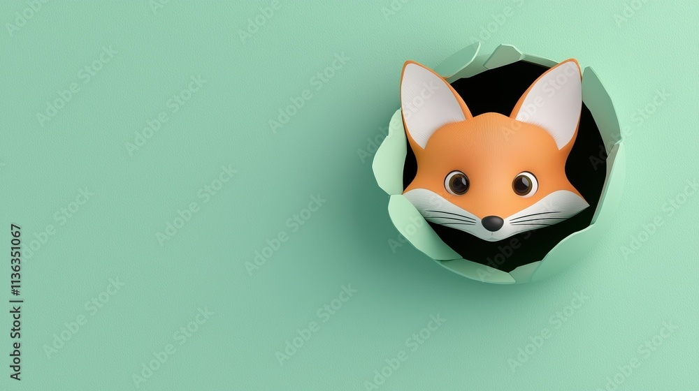 Obraz premium Cute orange fox peeking through a hole in a pastel green cartoon background. An animal sticks its head out of a hole. Colorful and creative background with copy space.