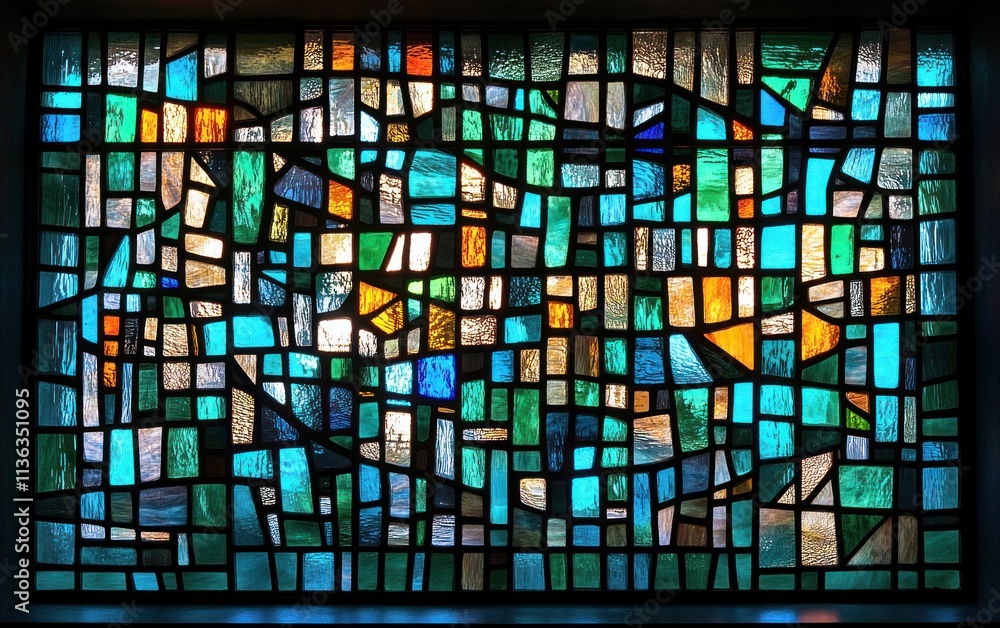Colorful stained glass features flowing vertical streaks of teal, creating an artistic display of light and texture Colorful stained glass features flowing vertical streaks of teal, creating an artistic display of light and texture