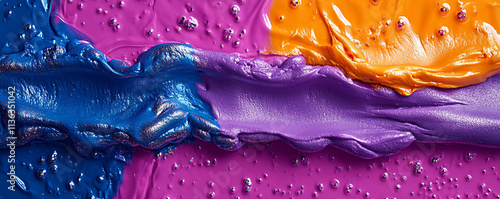 Bright toy clay and metallic slime being pressed together, creating a bold abstract background with contrasting textures and deep, rich colors photo