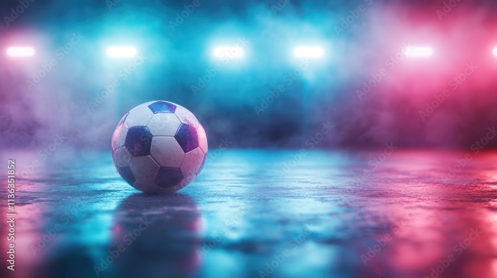 Naklejka premium A traditionally designed soccer ball rests on a misty sports field, illuminated by vibrant lights, symbolizing the passion, excitement, and timelessness of the game.