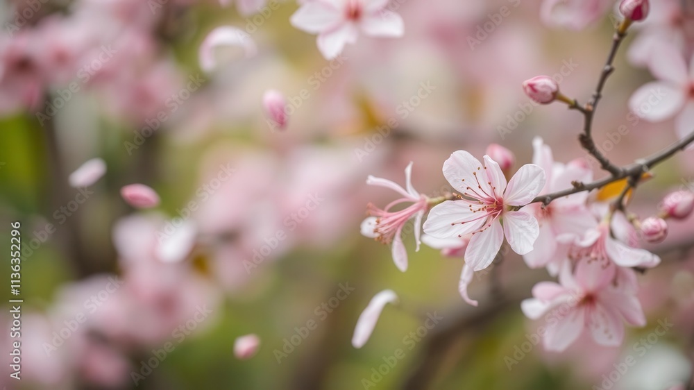 Fototapeta premium Soft pink sakura petals gently falling against a blurred background, background, petals