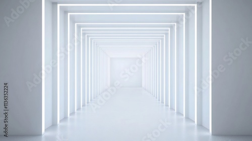 Minimalist Architectural Corridor with Symmetrical Light Rays on Blank Background
