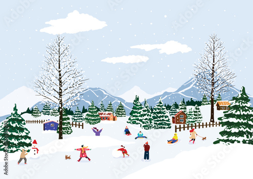 A scene of people playing winter games such as snow sledding and snowman making in a snowy forest village

