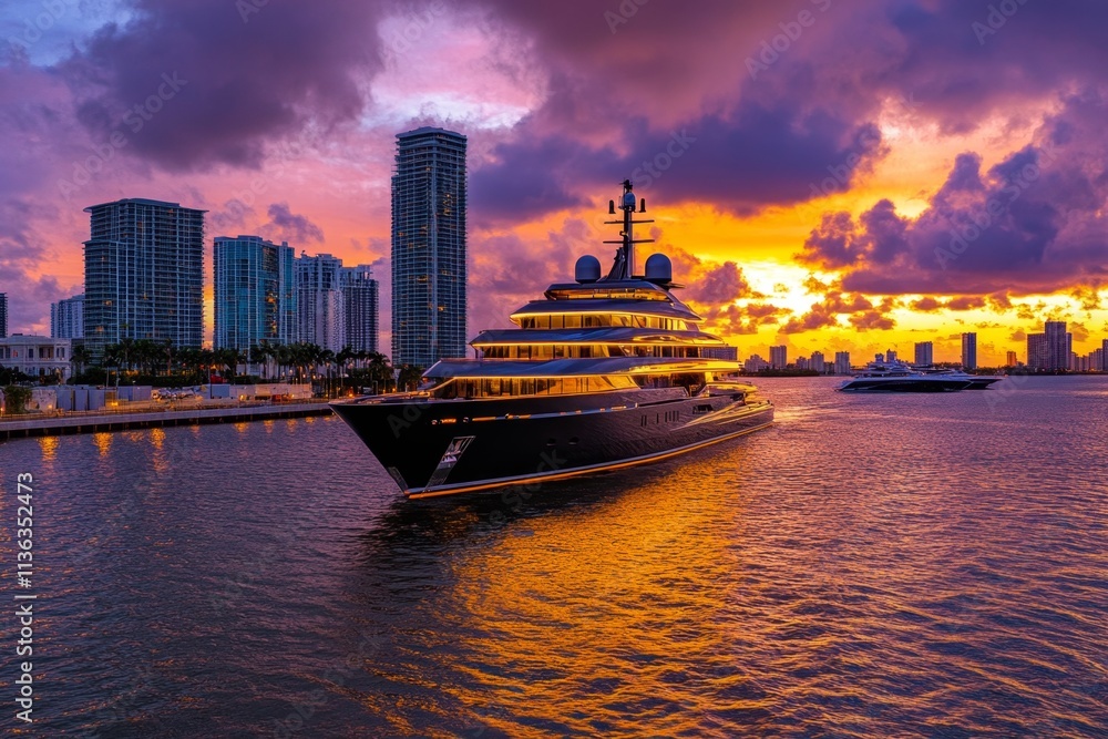 Naklejka premium A luxury yacht docked under a glowing sunset, symbolizing excellence in craftsmanship and design