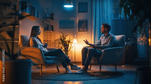 Psychologists office: comfortable chairs, soft lighting, patient and therapist engaged in conversation photo