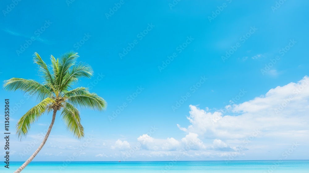 A serene beach scene featuring a palm tree and a clear blue sky over calm waters. A serene beach scene featuring a palm tree and a clear blue sky over calm waters.