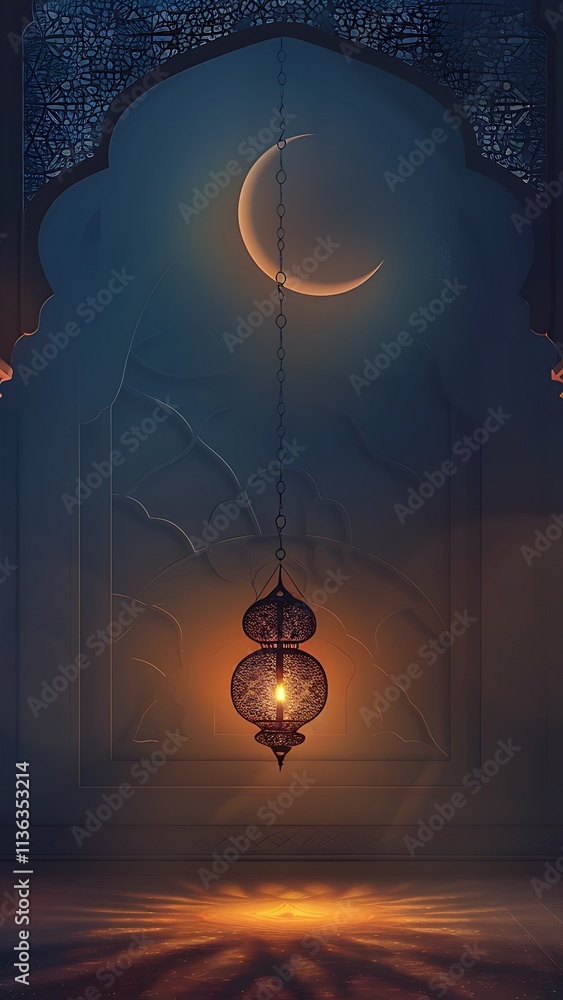 Crescent Moon & Lantern in an Ornate Mosque Crescent Moon & Lantern in an Ornate Mosque