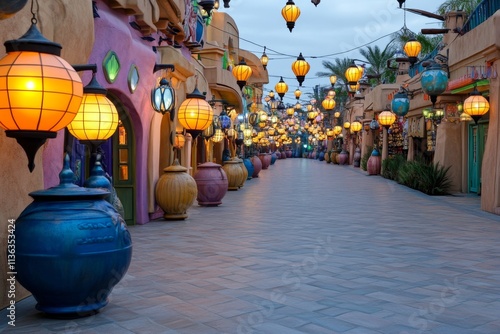 A magical marketplace bustling with fantastical creatures, glowing lanterns, and colorful wares