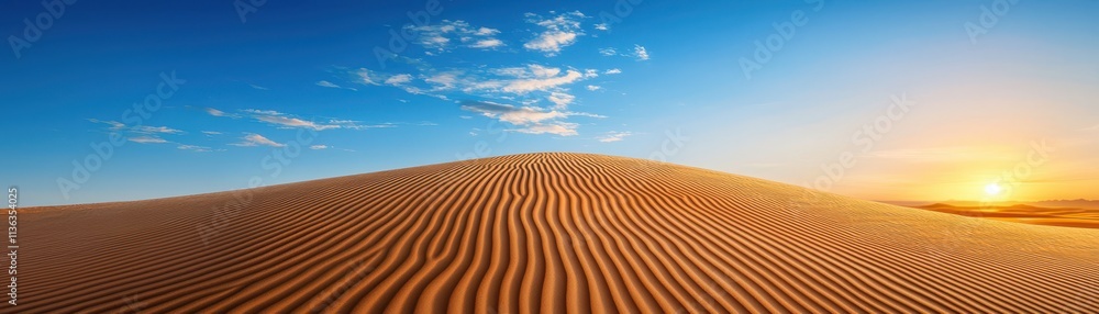 Naklejka premium A vast desert landscape features rippling sand dunes under a bright blue sky, illuminated by the warm glow of a setting sun.