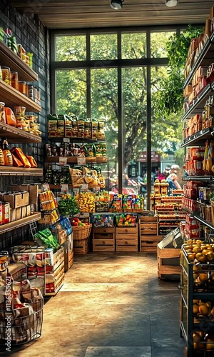 A vibrant grocery store aisle filled with various food products and fresh produce.