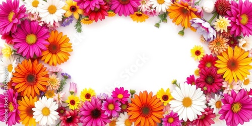Multicolored flowers forming a circular frame on a white background, with space left in the center for text or design, blooming, beautiful, space