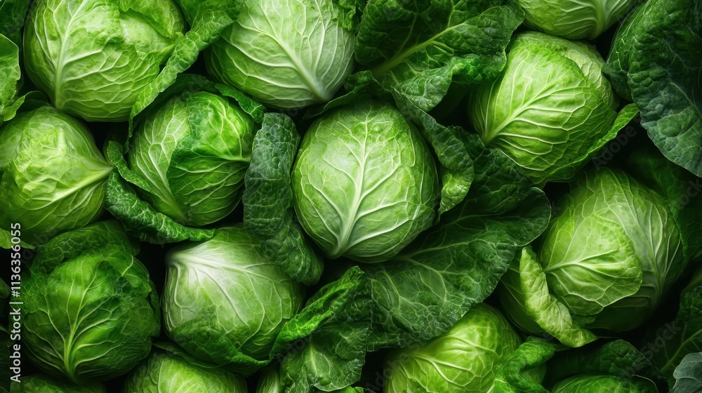 Fototapeta premium A collection of fresh cabbages with vibrant green textures piled together, highlighting the richness of organic produce and the natural beauty of vegetables.