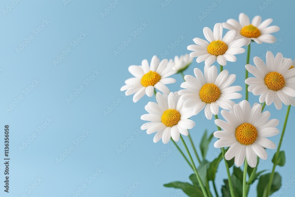 Obraz premium A fresh bouquet of daisies against a soft blue background, showcasing their vibrant white petals and yellow centers.