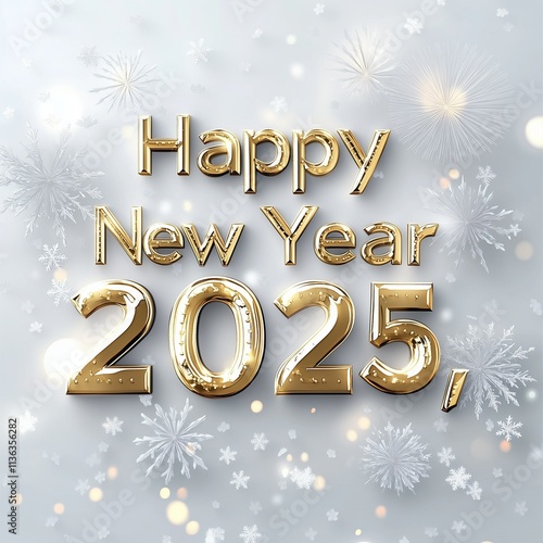 Happy New Year 2025 Greeting with Gold Text, Festive Snowflakes and Fireworks Background, Celebration Concept, Holiday Card, New Year Wishes, Festive Season, Countdown to 2025