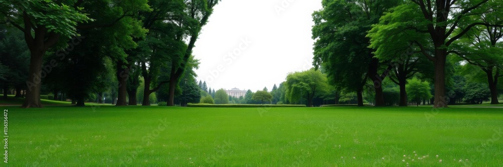 Fototapeta premium Nature background with an empty white frame in the center of a peaceful meadow, surrounded by lush green grass and trees, creating a serene park scene banner, banner, empty, scene