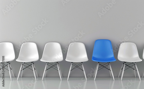 Blue Chair Among White Chairs with Copy Space for Text