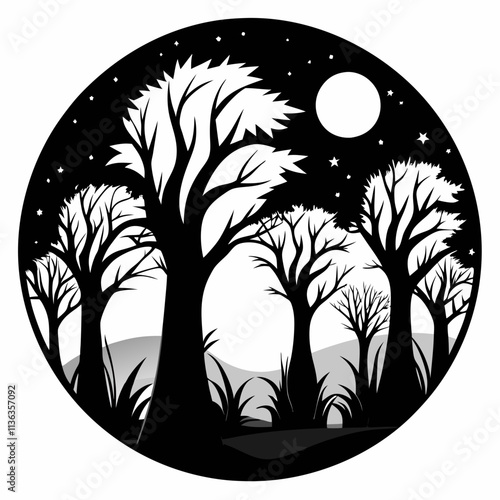 Moonlit Grove vector silhouette black design white background