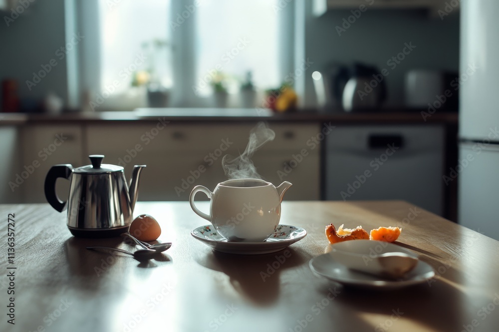 A cozy kitchen scene with steam rising from a teapot, accompanied by a boiled egg, spoon, and orange peel, bathed in soft morning light.