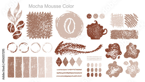 Crayon pencil stain and coffee bean in mocha mousse color of year 2025. Pastel scribbles set, underline strokes, abstract shapes, charcoal texture bg. Mocha mousse color sketches vector illustration