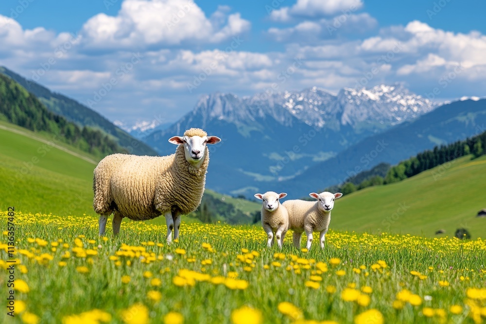 Naklejka premium A mother ewe nursing her lamb while a cow grazes nearby, surrounded by wildflowers in a tranquil meadow