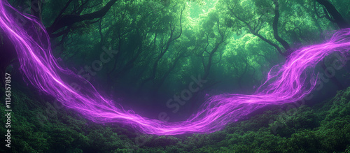 Dark green forest background with flowing neon purple streaks, offering a bold visual contrast