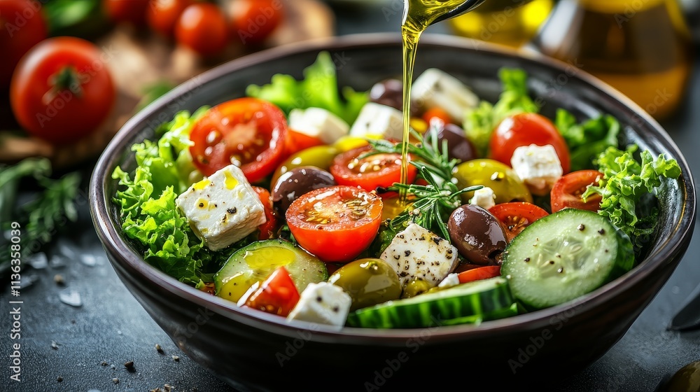 Fresh Vegetable Salad with Tomatoes, Cucumbers, Olives, Feta Cheese and Herbs, Healthy Mediterranean Dish. Fresh Vegetable Salad with Tomatoes, Cucumbers, Olives, Feta Cheese and Herbs, Healthy Mediterranean Dish.