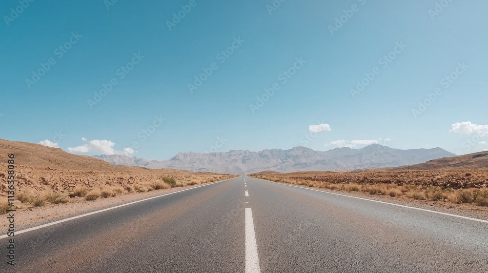 A long, empty road stretches toward mountains under a clear blue sky. A long, empty road stretches toward mountains under a clear blue sky.