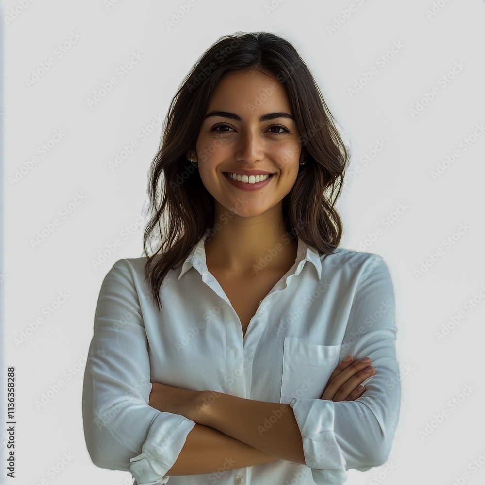 Happy young smiling confident professional business woman wearing shirt, pretty stylish female executive looking at camera, standing arms crossed isolated on white or background. Happy young smiling confident professional business woman wearing shirt, pretty stylish female executive looking at camera, standing arms crossed isolated on white or background.