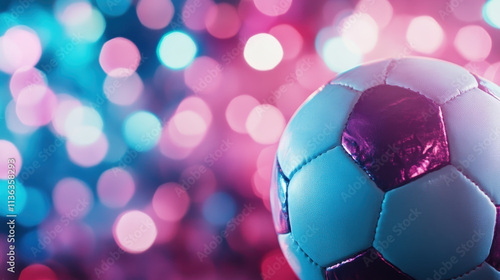 Naklejka premium A close-up of a soccer ball with a shiny surface, against a blurred bokeh background in shades of pink and blue, creating an energetic and playful scene.