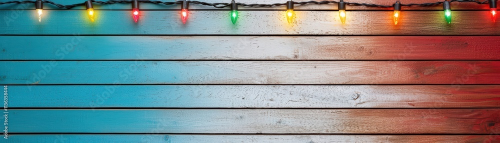 Fototapeta premium Colorful holiday lights illuminate a rustic wooden background, creating a warm and festive atmosphere.