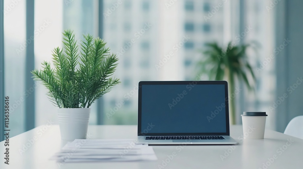 Fototapeta premium Productive Corporate Office Desk with Laptop and Financial Documents