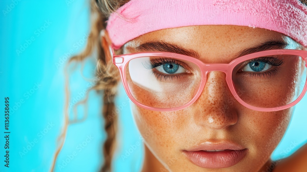 A detailed close-up of a woman wearing pink glasses and a headband, underlining her striking features and vivid blue eyes against a light blue backdrop. A detailed close-up of a woman wearing pink glasses and a headband, underlining her striking features and vivid blue eyes against a light blue backdrop.
