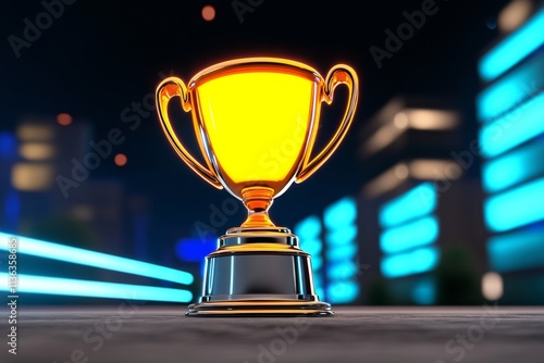 A neon-lit cyberpunk depiction of a futuristic awards event, with glowing digital trophies, holographic laurels, and a high-tech audience cheering photo