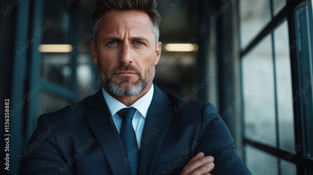 A middle-aged man in a tailored suit stands with confidence, arms crossed, displaying a serious expression. He is in an office setting, bathed in natural light. A middle-aged man in a tailored suit stands with confidence, arms crossed, displaying a serious expression. He is in an office setting, bathed in natural light.