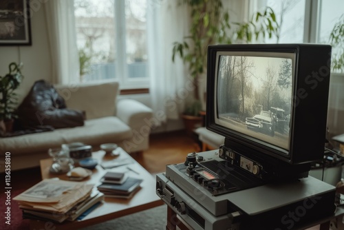 Wallpaper Mural A nostalgic living room scene with a vintage projector, broadcasting grainy black-and-white film, invites you to relive cinematic history. Torontodigital.ca