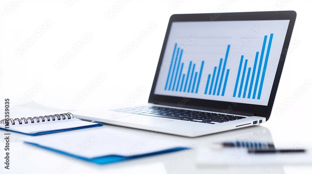 Minimalist Office Desk with High-End Laptop, Documents, and Notepad on Clean White Background Minimalist Office Desk with High-End Laptop, Documents, and Notepad on Clean White Background