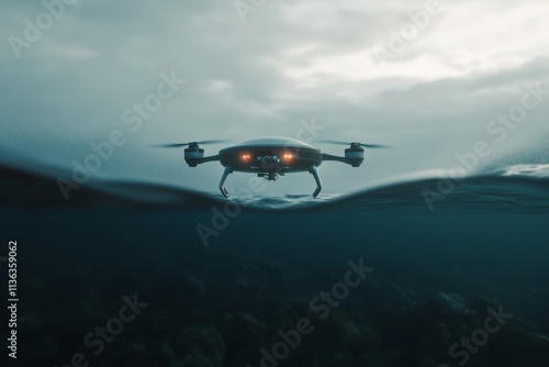 A futuristic drone hovers above an eerie, glassy ocean surface, its lights glowing in the misty air, capturing both innovation and mystery. photo