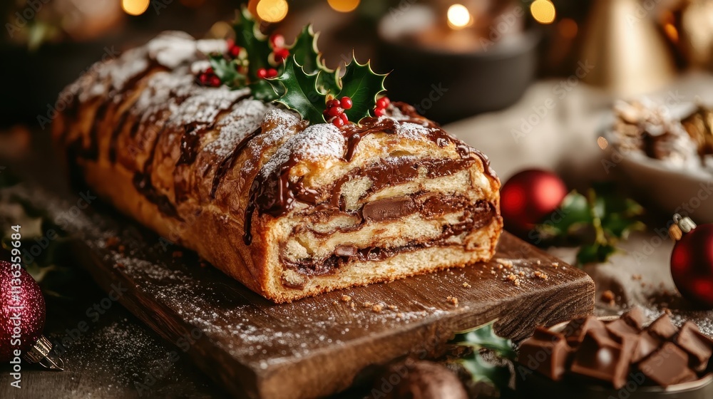 A sumptuously rich log cake drizzled with chocolate, decorated with holly and berries, creates an inviting atmosphere ideal for celebration and indulgence. A sumptuously rich log cake drizzled with chocolate, decorated with holly and berries, creates an inviting atmosphere ideal for celebration and indulgence.