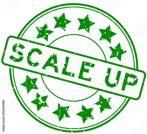 Grunge black scale up word with star icon round rubber seal stamp on white background