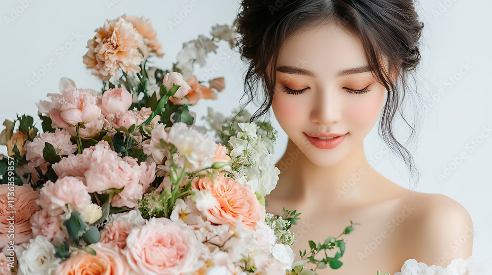 Naklejka premium Beautiful Woman with Exquisite Bouquet