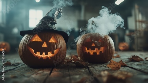 Two jack-o'-lanterns glow eerily with smoke effects, one wearing a hat, on a wooden floor surrounded by fallen autumn leaves, creating a Halloween ambiance. photo