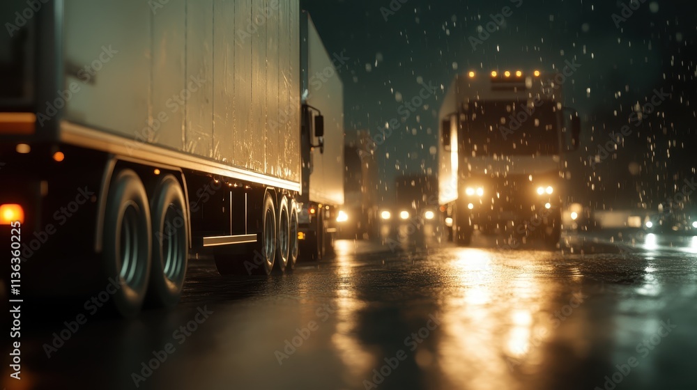 Multiple trucks are driving on a wet and rainy highway during the nighttime, with their headlights illuminating the glistening road surface and distant traffic. Multiple trucks are driving on a wet and rainy highway during the nighttime, with their headlights illuminating the glistening road surface and distant traffic.