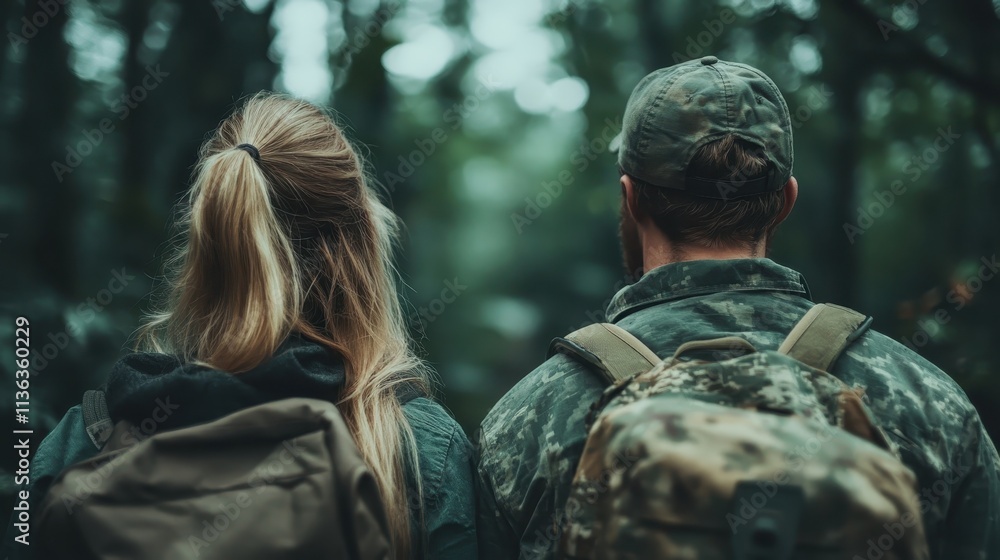 Two individuals wearing camouflage gear and backpacks traverse a dense, green forest, possibly on a hiking or survival expedition, immersed in the tranquil wilds. Two individuals wearing camouflage gear and backpacks traverse a dense, green forest, possibly on a hiking or survival expedition, immersed in the tranquil wilds.