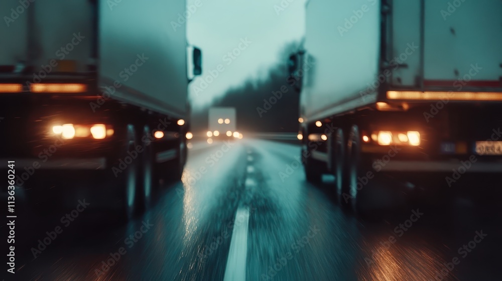 A rainy pavement reflects the glowing lights of trucks moving swiftly along the road, with blurred lines and a deep perspective emphasizing motion and dynamic energy. A rainy pavement reflects the glowing lights of trucks moving swiftly along the road, with blurred lines and a deep perspective emphasizing motion and dynamic energy.