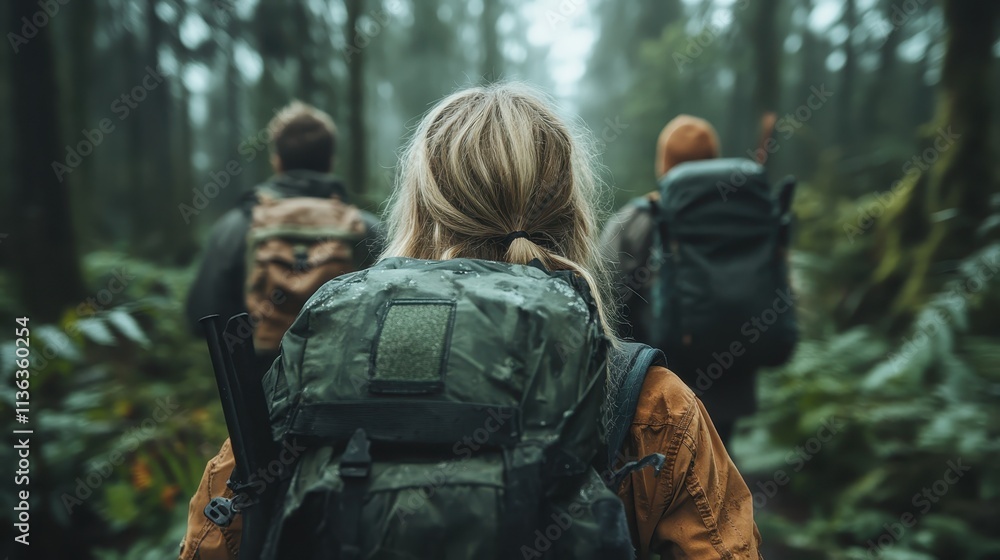 A group of hikers carrying large backpacks walk through a lush forest, surrounded by tall trees and thick underbrush, engaged in a wilderness adventure. A group of hikers carrying large backpacks walk through a lush forest, surrounded by tall trees and thick underbrush, engaged in a wilderness adventure.